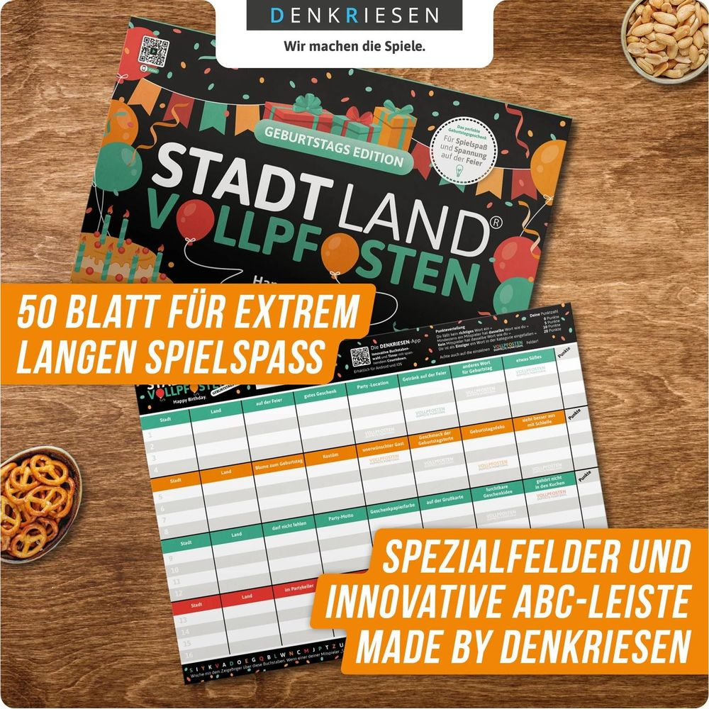 Geburtstagsspiel mit Kategorien wie Stadt, Land, Party-Motto und Geschenken.