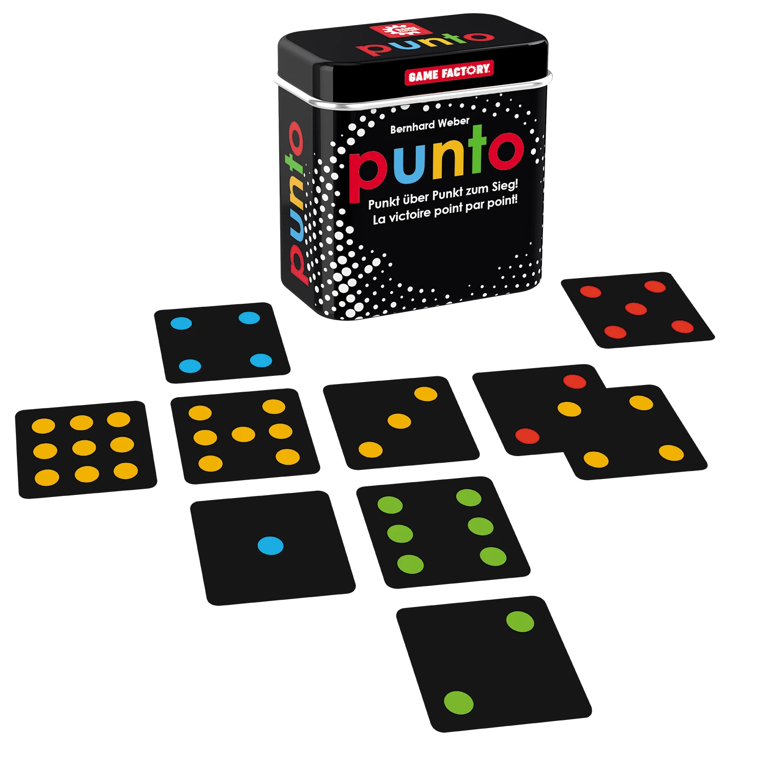 Une boîte noire avec le mot "punto" et des cartes de jeu à points colorés.