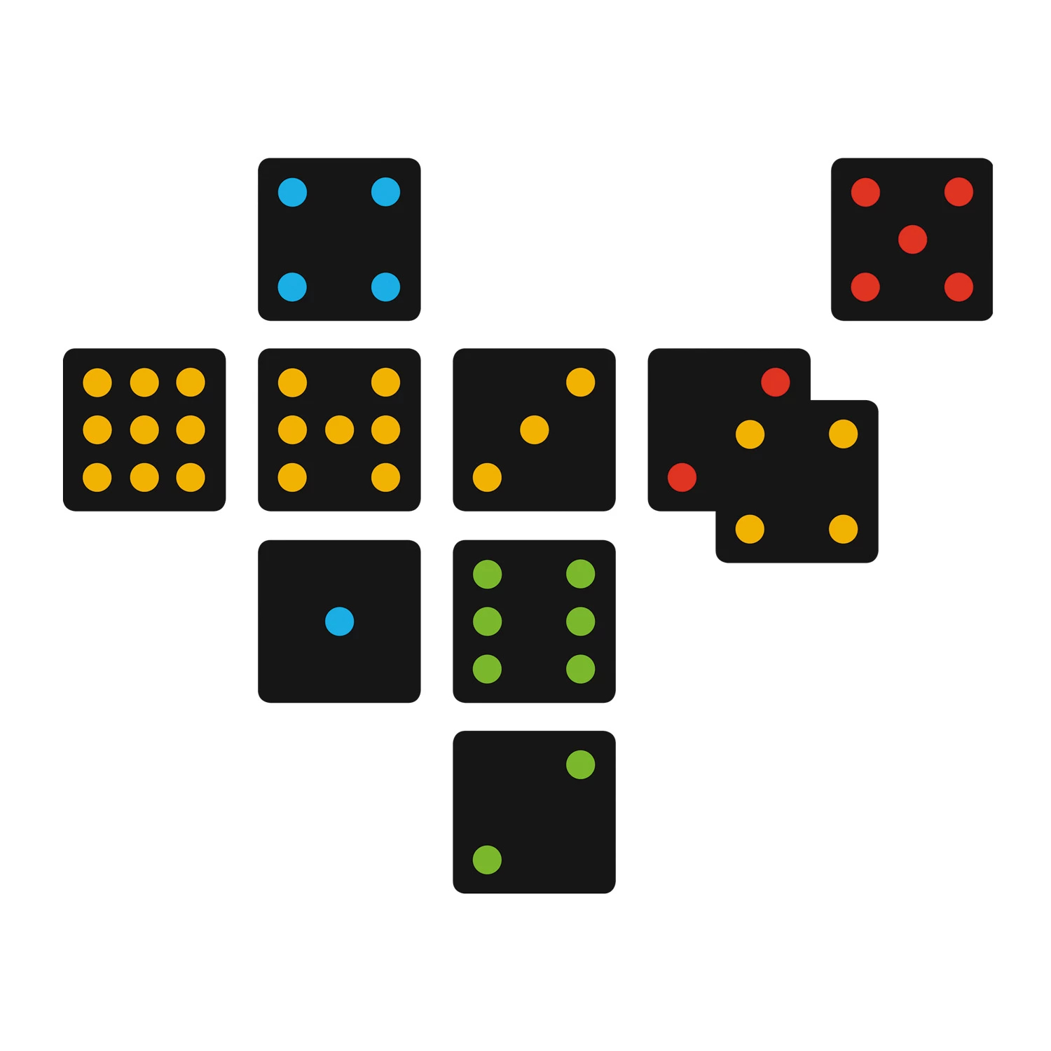 Neuf dés noirs avec des points colorés : jaune, bleu, rouge et vert.