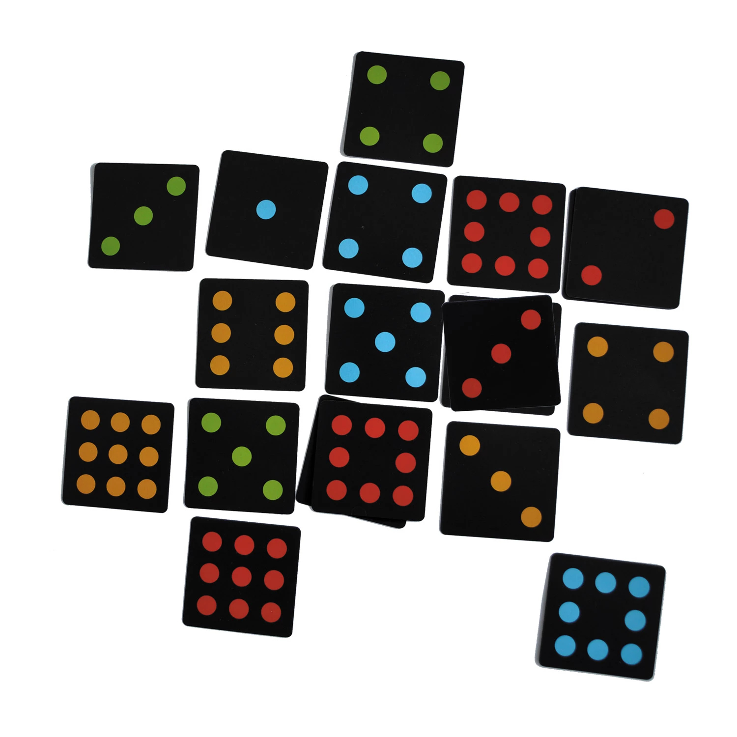 Dominos carrés noirs dispersés avec des points colorés : vert, bleu, rouge et jaune.