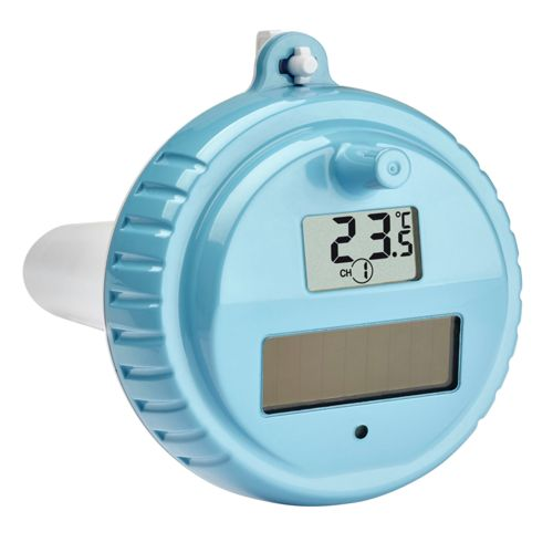 Ein blauer Poolthermometer mit LCD-Anzeige von 23,5 °C.