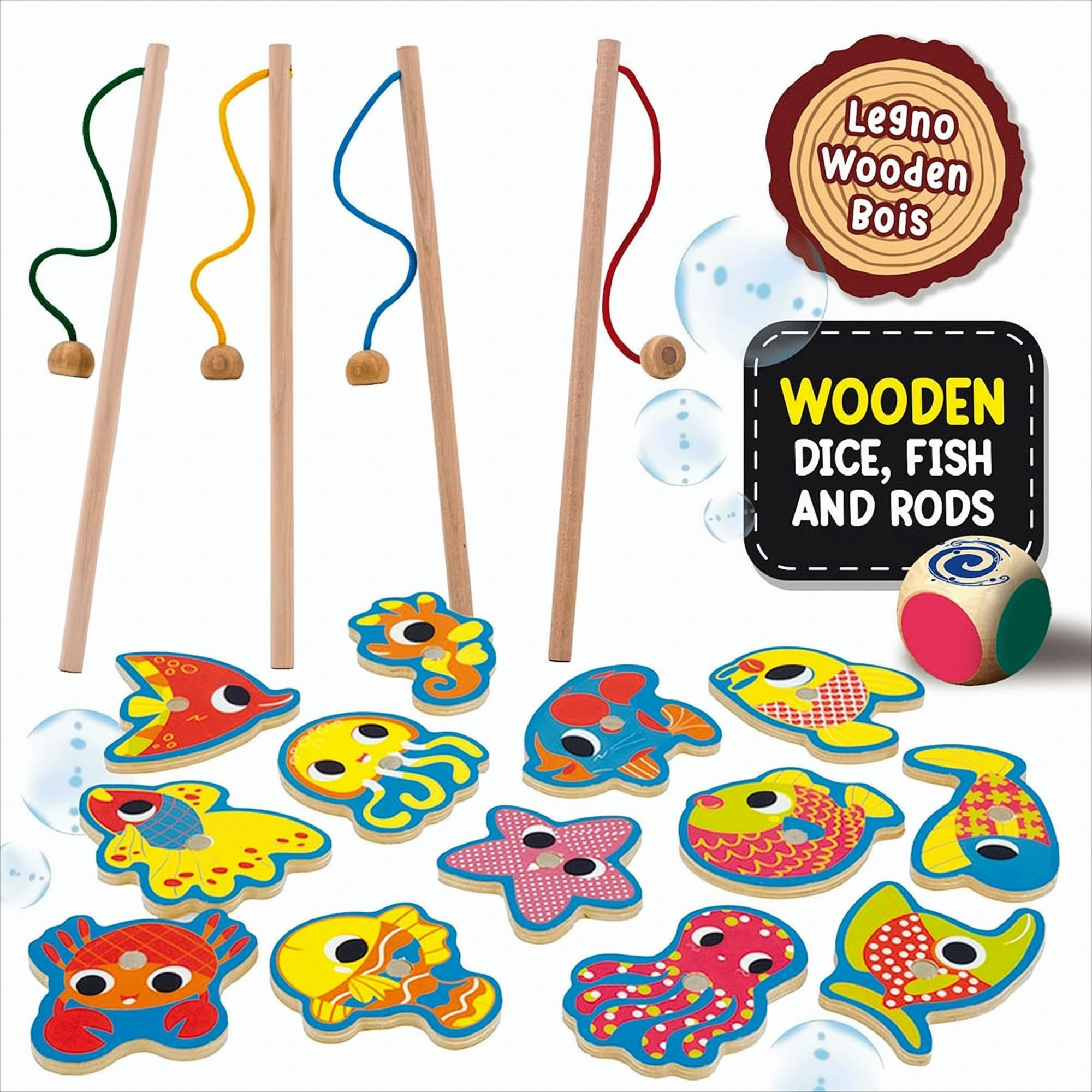 Peces de madera para pescar, estrellas de mar, cangrejos, pulpos, dados y cañas.