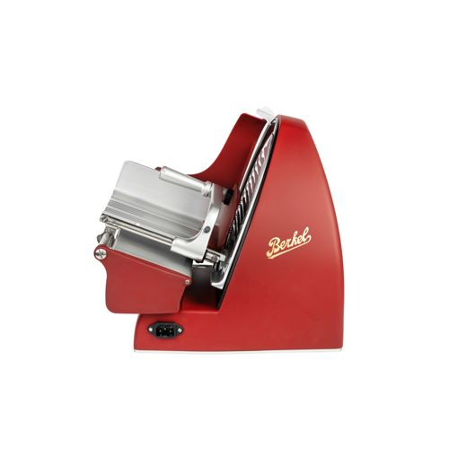 Ein roter Berkel Fleischschneider mit silberner Klinge und Griff.