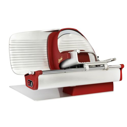 Rot-weiße Aufschnittmaschine mit polierter Klinge und rotem Griff.
