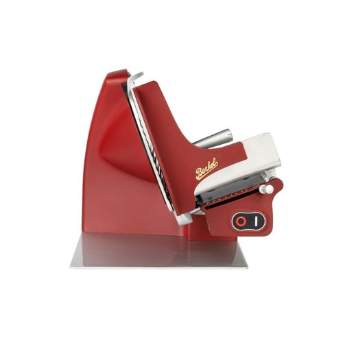 Ein roter Berkel-Schneidegerät mit silberner Klinge und Bedienelementen.