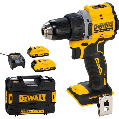 Ein gelber und schwarzer DeWalt-Akkuschrauber mit zwei Akkus, Ladegerät und Koffer.