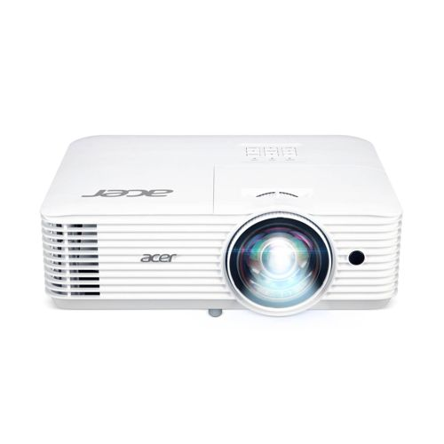 Een witte Acer projector met lens en ventilatieopeningen op witte achtergrond.