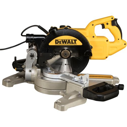 Eine gelbe und silberne DeWalt Gehrungssäge mit schwarzem Kabel.