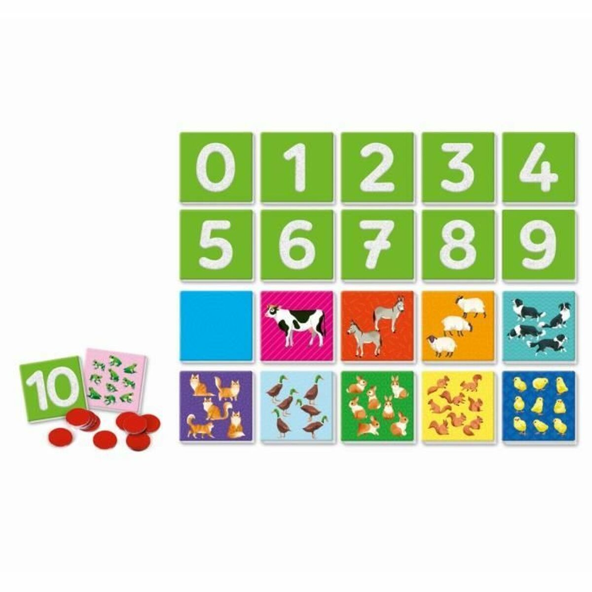 Tarjetas numéricas 0-9, tarjetas de animales, tarjeta azul y fichas rojas.