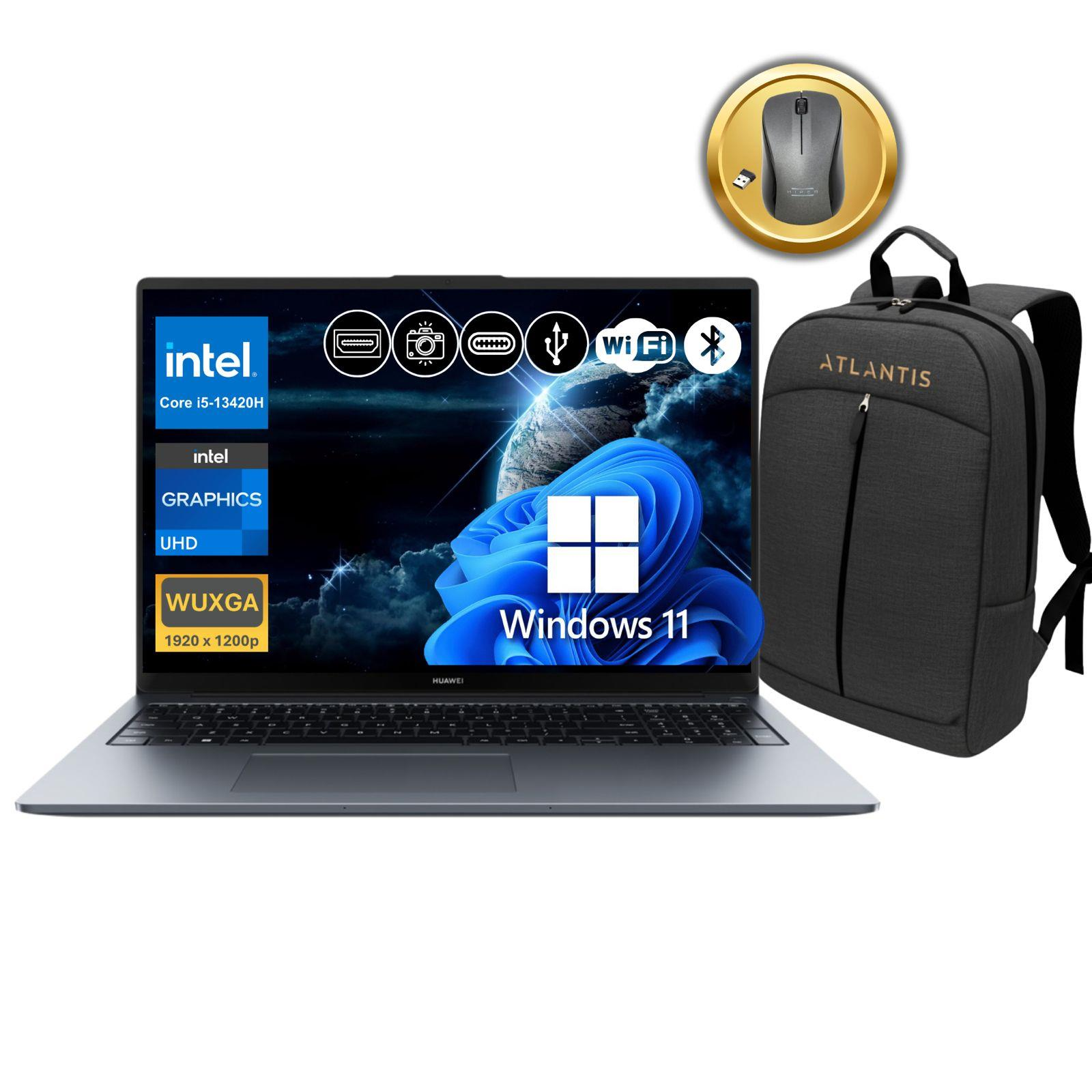 Intel Core i5 işlemcili dizüstü bilgisayar, fare ve sırt çantası sergileniyor.