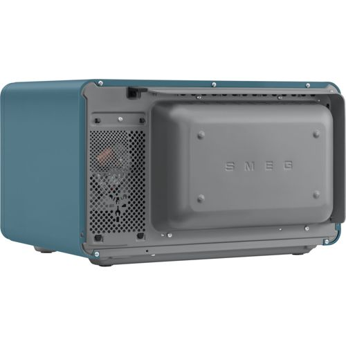 Rückseite eines blauen SMEG Mikrowellenherds mit Lüftungsschlitzen und Logo.