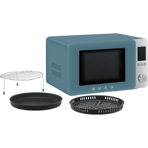 Ein blauer SMEG-Mikrowellenofen mit silbernen Bedienelementen und Zubehör.