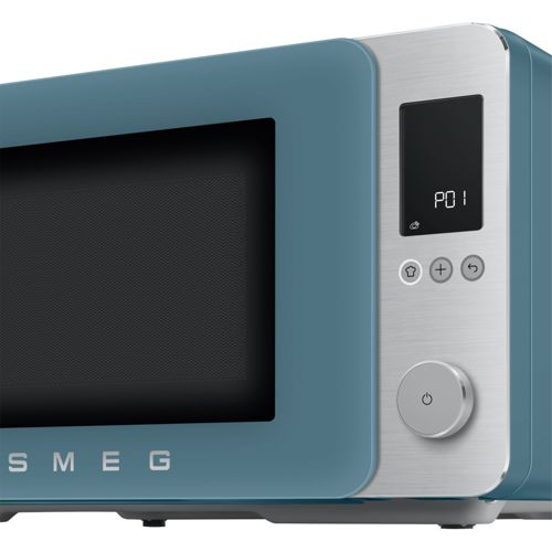 Ein blauer SMEG-Mikrowellenherd mit silbernen Bedienelementen und einem digitalen Display.