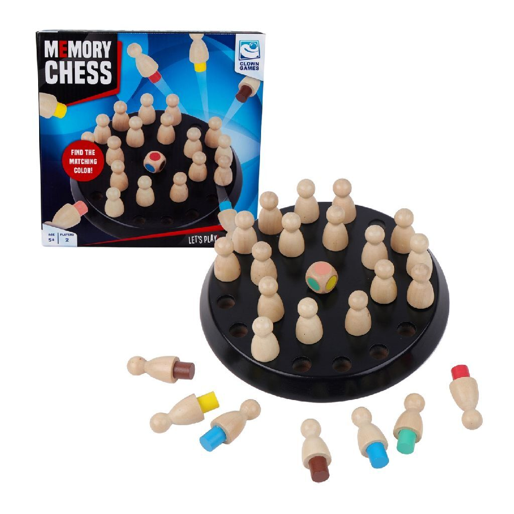 Gioco Memory Chess in legno con pedine e dado colorato su tabellone nero.
