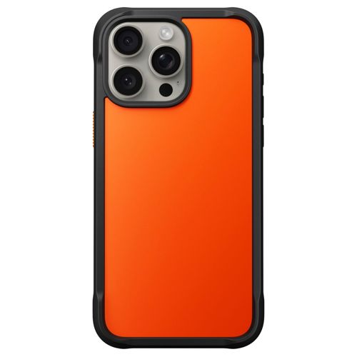 Una custodia per telefono arancione con bordo nero e modulo fotocamera.