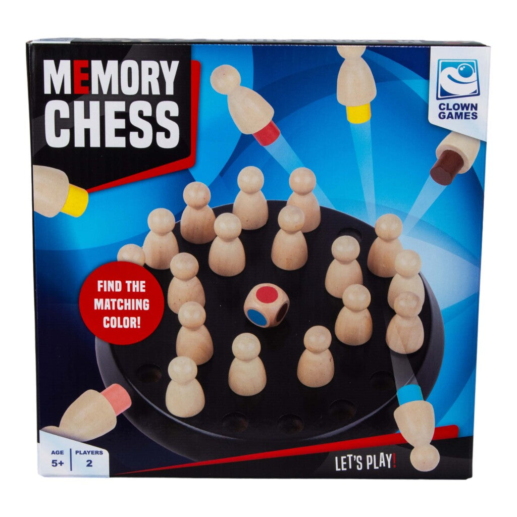 Gioco da tavolo Memory Chess con pedine di legno e dado colorato su base nera.