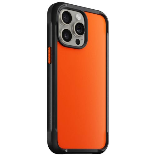 Custodia iPhone arancione con cornice nera e lenti fotocamera.