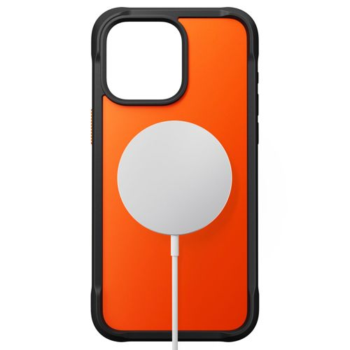 Una cover per telefono arancione con cerchio bianco e cavo.