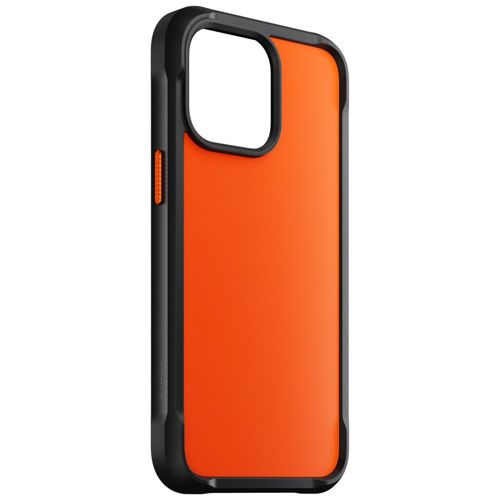 Custodia per telefono arancione con bordo nero e ritaglio fotocamera.