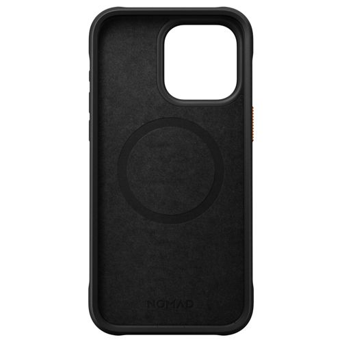 Interno di custodia nera per iPhone con magnete MagSafe circolare e logo Nomad.