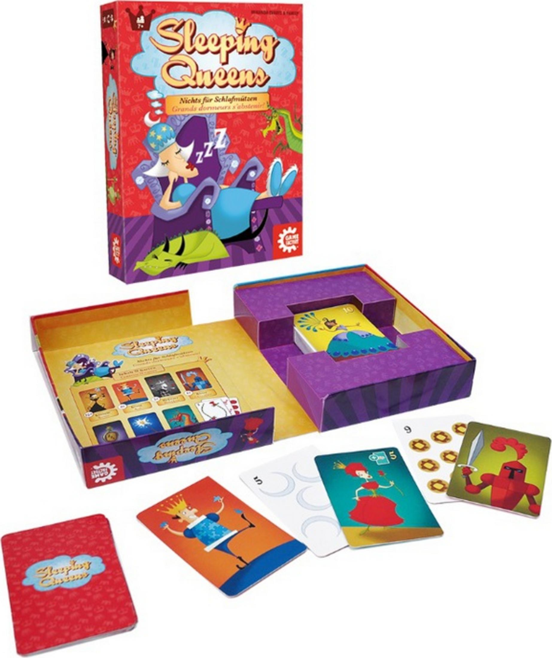 Das Spiel 'Sleeping Queens' mit Box, geöffneter Schachtel und Spielkarten.