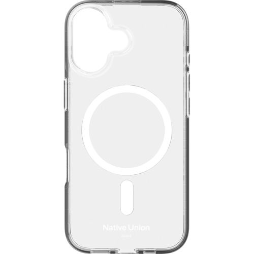 Custodia trasparente per telefono con cerchio MagSafe e logo.