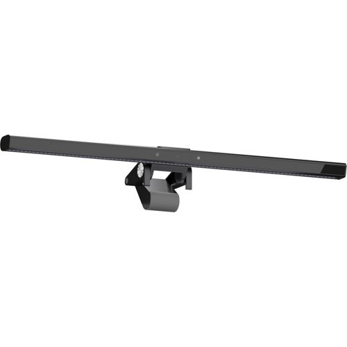 Barra luminosa nera per monitor con supporto regolabile, su sfondo bianco.
