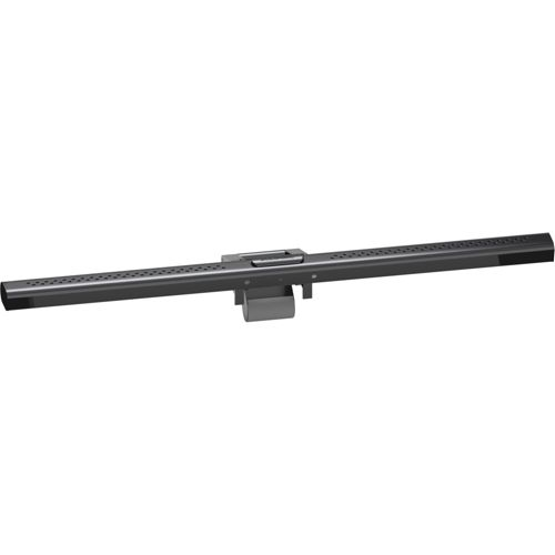Una barra luminosa rettangolare nera per monitor con una clip di montaggio centrale e piccole perforazioni sulla sua superficie superiore.