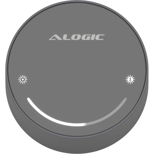 Adattatore rotondo grigio Alogic con icone luce e temperatura e indicatore di carica.