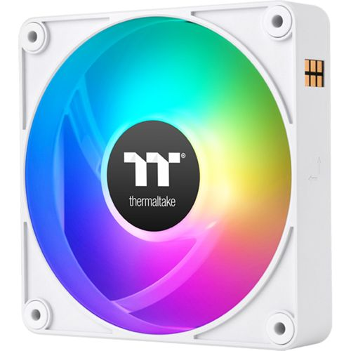 Ein weißer PC-Lüfter mit RGB-Beleuchtung und dem Thermaltake-Logo.