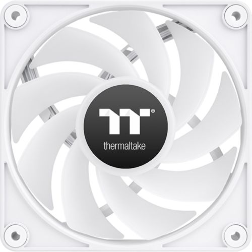 Ein weißer Computerlüfter mit dem Thermaltake-Logo in der Mitte.