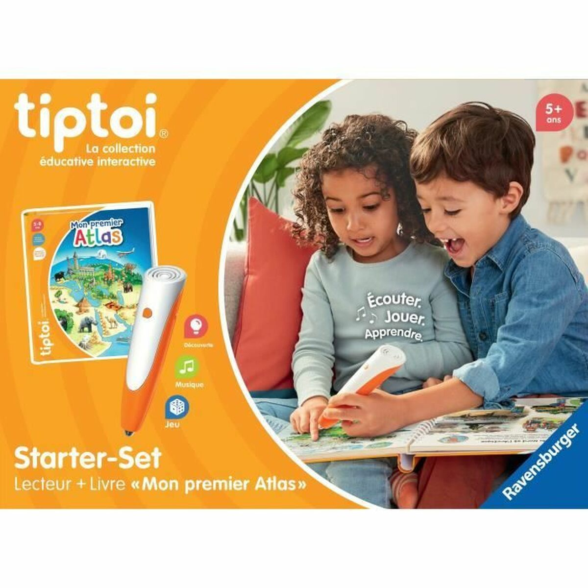 Dos niños aprenden con un bolígrafo Tiptoi y un atlas.