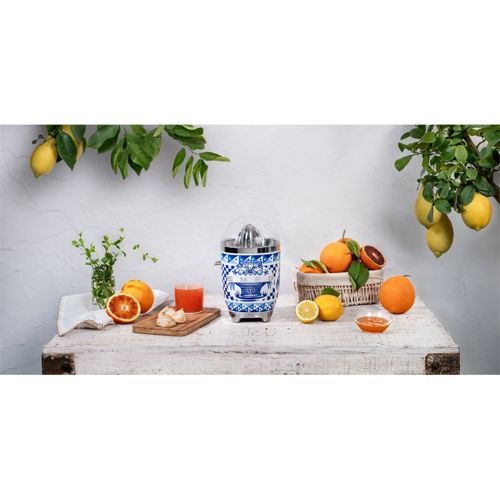 Ein blau-weißer Zitruspresse steht auf einem Holztisch mit Obst und Saft.