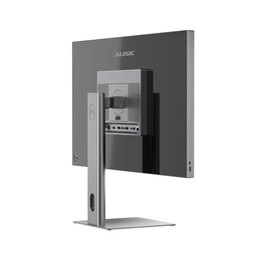 Rückseite eines silbernen Monitors mit ALOGIC-Logo und Anschlüssen.