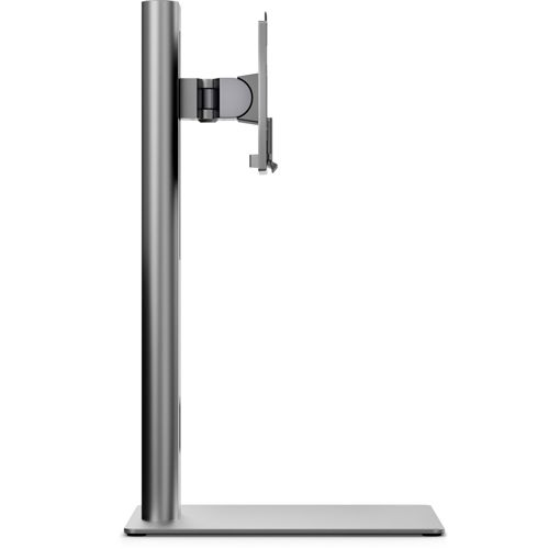 Ein silberner Monitorständer mit flacher Basis und verstellbarem Arm.