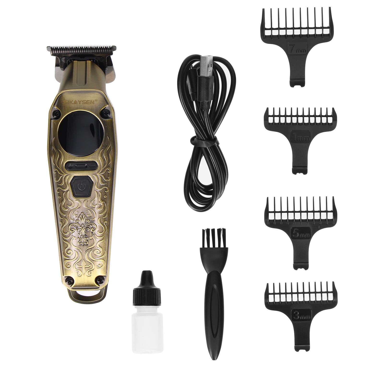 Ein goldener Haarschneider mit Zubehör: USB-Kabel, Bürste, Ölflasche und 4 Aufsätzen.