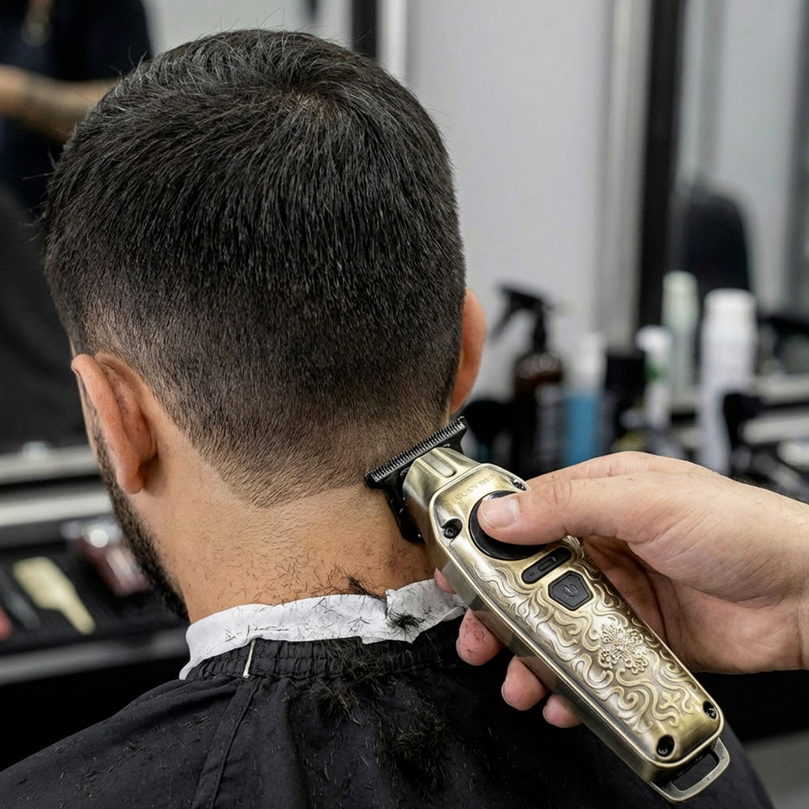 Ein Friseur trimmt den Nacken eines Mannes mit einem goldenen Trimmer. Haare fallen auf den schwarzen Umhang.