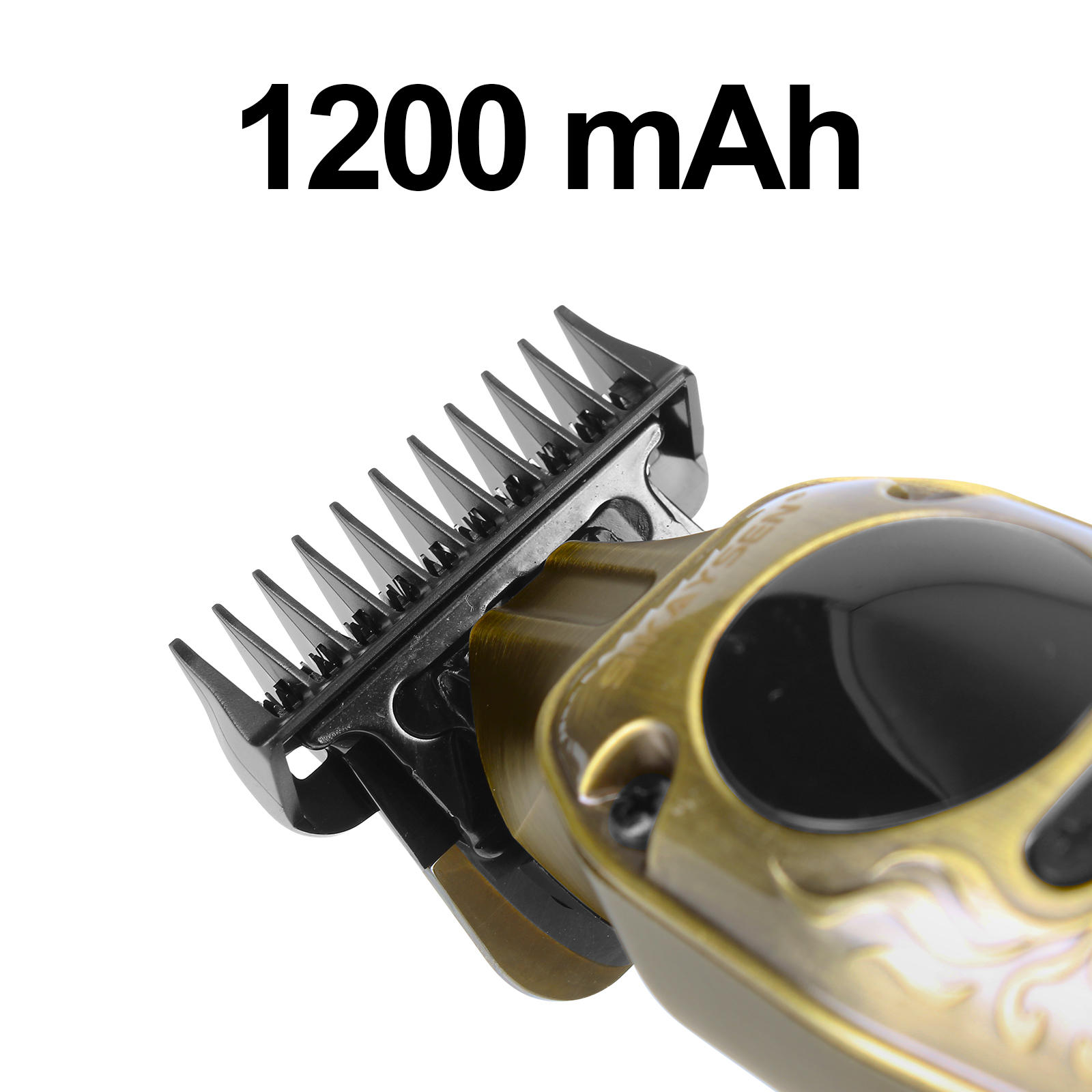 Ein goldener Haarschneider mit schwarzem Aufsatz und der Angabe 1200 mAh.