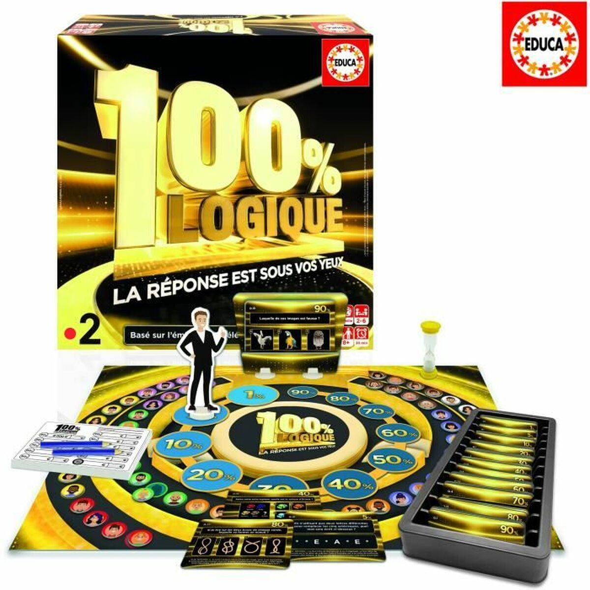 El tablero de juego "100% Logique" con fichas, cartas y reloj de arena.