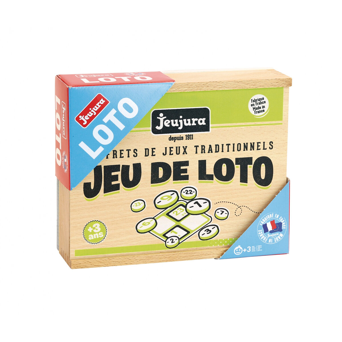 Caja de madera del juego "Jeu de Loto" de Jeujura, Made in France.