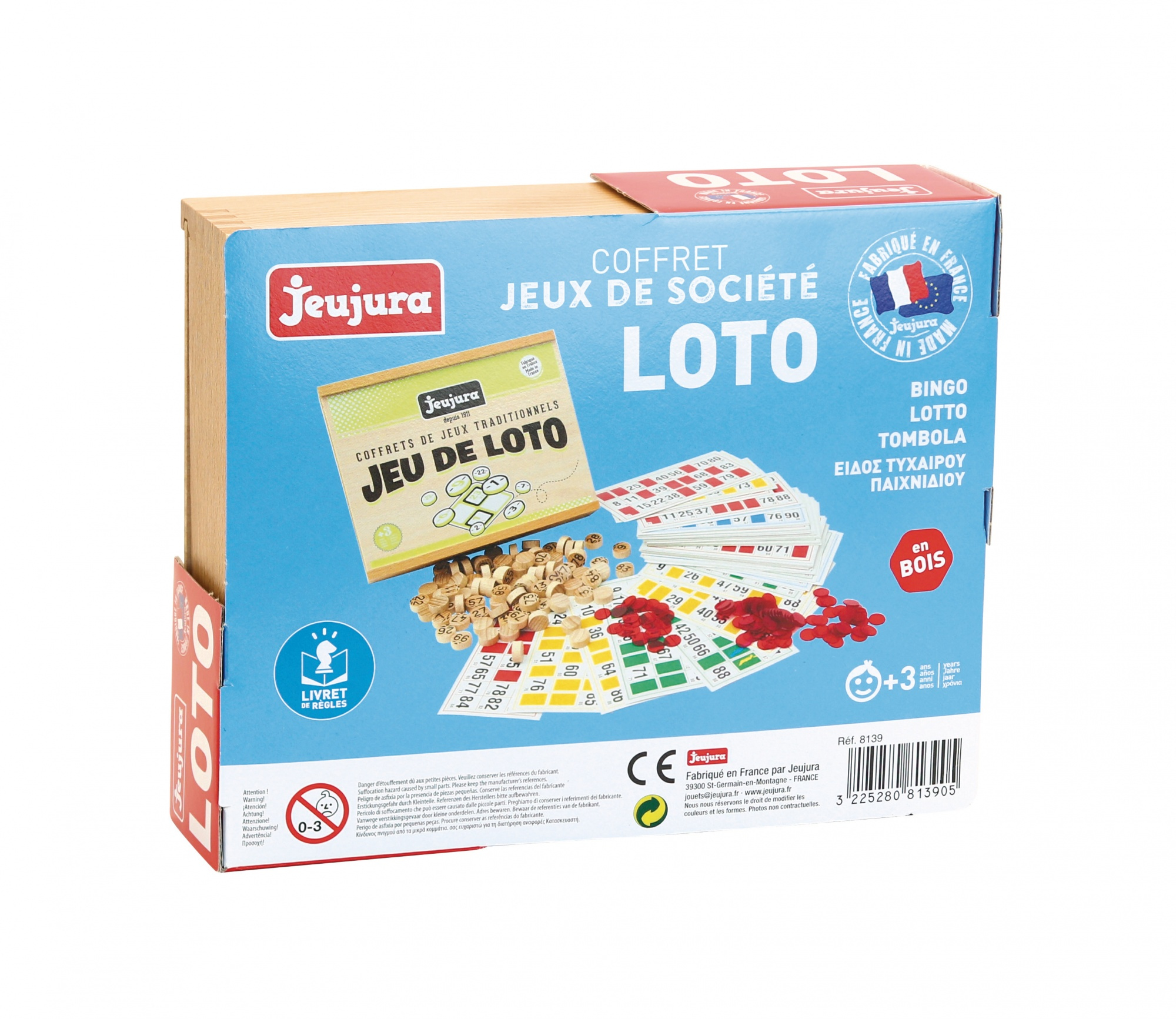 Juego de Loto: piezas de madera, cartas de juego, instrucciones. Hecho en Francia.