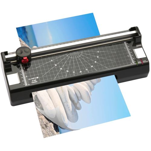 Schwarzer Aktenvernichter mit Papier und Bild-Einlagen.