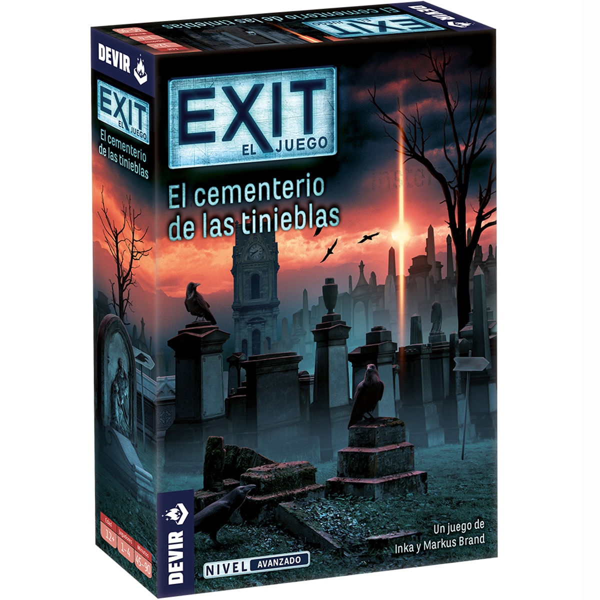 Escena de cementerio espeluznante con niebla, cuervos y torre de reloj.
