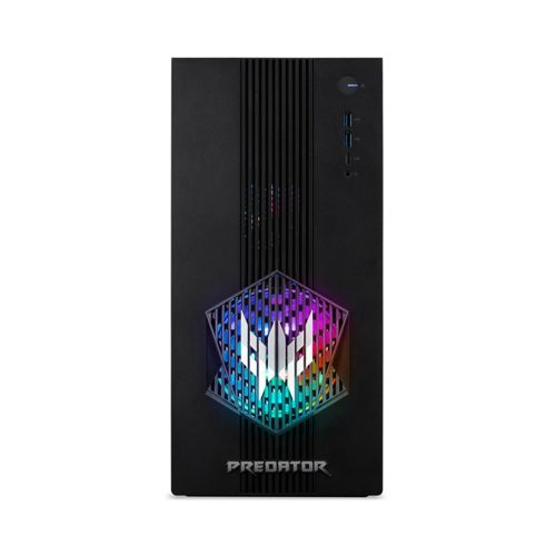 Torre del computer nera con logo esagonale che emette luci arcobaleno.