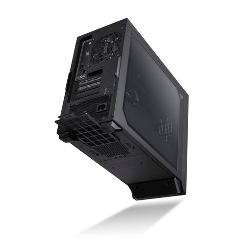 Una tower PC nera con pannello posteriore aperto, che mostra le porte.