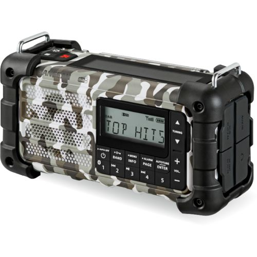 Une radio robuste à motif camouflage affichant "TOP HITS".