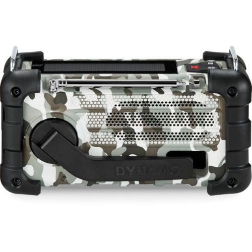 Une radio à motif camouflage, grille de haut-parleur et inscription 