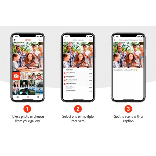 Drie iPhone-schermen tonen stappen voor fotobewerking: galerie, ontvangers selecteren, bijschrift.