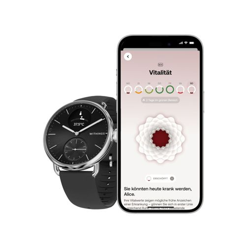 Eine schwarze Smartwatch und ein Smartphone zeigen Vitalitätsdaten an.