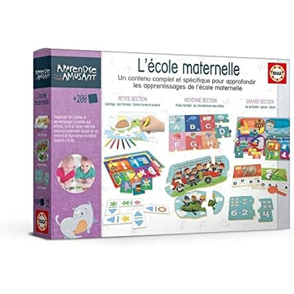 Embalaje de un juego educativo preescolar, con imágenes de tortugas, letras y números.